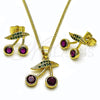 Oro Laminado Earring and Pendant Adult Set, Gold Filled Style Cherry Design, with Ruby Cubic Zirconia and Green Micro Pave, Polished, Golden Finish, 10.283.0027