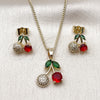 Oro Laminado Earring and Pendant Adult Set, Gold Filled Style Cherry Design, with Garnet and Green Cubic Zirconia, Polished, Golden Finish, 10.283.0028