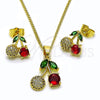 Oro Laminado Earring and Pendant Adult Set, Gold Filled Style Cherry Design, with Garnet and Green Cubic Zirconia, Polished, Golden Finish, 10.283.0028