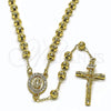 Oro Laminado Medium Rosary, Gold Filled Style Guadalupe and Crucifix Design, with White Cubic Zirconia, Diamond Cutting Finish, Golden Finish, 09.253.0082.26