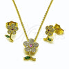 Oro Laminado Earring and Pendant Adult Set, Gold Filled Style Flower Design, with White Micro Pave and Ruby Cubic Zirconia, Polished, Golden Finish, 10.156.0534