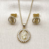 Oro Laminado Earring and Pendant Adult Set, Gold Filled Style Guadalupe Design, with White Cubic Zirconia, Polished, Golden Finish, 10.156.0537