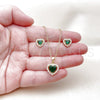 Oro Laminado Earring and Pendant Adult Set, Gold Filled Style Heart and Cluster Design, with Green and White Cubic Zirconia, Polished, Golden Finish, 10.156.0539