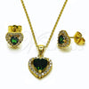 Oro Laminado Earring and Pendant Adult Set, Gold Filled Style Heart and Cluster Design, with Green and White Cubic Zirconia, Polished, Golden Finish, 10.156.0539