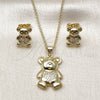 Oro Laminado Earring and Pendant Adult Set, Gold Filled Style Teddy Bear and Heart Design, with White Micro Pave, Polished, Golden Finish, 10.156.0541