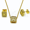 Oro Laminado Earring and Pendant Adult Set, Gold Filled Style Cross Design, with White Micro Pave, Diamond Cutting Finish, Golden Finish, 10.156.0542