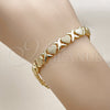 Oro Laminado Tennis Bracelet, Gold Filled Style Heart and Hugs and Kisses Design, Matte Finish, Golden Finish, 03.213.0356.07 (Thickness, 8 Inches Length)