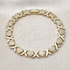 Oro Laminado Tennis Bracelet, Gold Filled Style Heart and Hugs and Kisses Design, Matte Finish, Golden Finish, 03.213.0356.07 (Thickness, 8 Inches Length)
