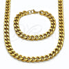 Stainless Steel Necklace and Bracelet, Miami Cuban Design, Polished, Golden Finish, 06.435.0002
