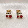 Oro Laminado Stud Earring, Gold Filled Style Cherry and Heart Design, with Garnet and Green Cubic Zirconia, Polished, Golden Finish, 02.283.0280
