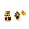 Oro Laminado Stud Earring, Gold Filled Style Cherry and Heart Design, with Garnet and Green Cubic Zirconia, Polished, Golden Finish, 02.283.0280