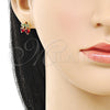 Oro Laminado Stud Earring, Gold Filled Style Cherry and Heart Design, with Garnet and Green Cubic Zirconia, Polished, Golden Finish, 02.283.0280