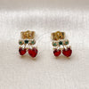 Oro Laminado Stud Earring, Gold Filled Style Cherry and Heart Design, with Garnet and Green Cubic Zirconia, Polished, Golden Finish, 02.283.0280