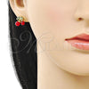 Oro Laminado Stud Earring, Gold Filled Style Cherry Design, with Garnet Pearl and Green Micro Pave, Polished, Golden Finish, 02.283.0281