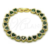 Oro Laminado Tennis Bracelet, Gold Filled Style Heart Design, with Green Cubic Zirconia, Polished, Golden Finish, 03.284.0058.2.07