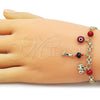 Oro Laminado Fancy Bracelet, Gold Filled Style Bismark and Evil Eye Design, with Garnet Pearl, Polished, Golden Finish, 03.213.0363.07 (05 MM Thickness, 7 Inches Length)
