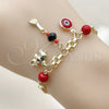 Oro Laminado Fancy Bracelet, Gold Filled Style Bismark and Evil Eye Design, with Garnet Pearl, Polished, Golden Finish, 03.213.0363.07 (05 MM Thickness, 7 Inches Length)