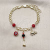 Oro Laminado Fancy Bracelet, Gold Filled Style Bismark and Evil Eye Design, with Garnet Pearl, Polished, Golden Finish, 03.213.0363.07 (05 MM Thickness, 7 Inches Length)