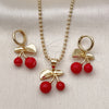 Oro Laminado Earring and Pendant Adult Set, Gold Filled Style Cherry Design, with Garnet Pearl, Polished, Golden Finish, 10.282.0007