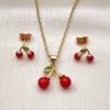 Oro Laminado Earring and Pendant Adult Set, Gold Filled Style Cherry Design, with Garnet Pearl, Polished, Golden Finish, 10.282.0008