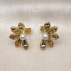 Oro Laminado Stud Earring, Gold Filled Style Flower and Ball Design, with Ivory Pearl, Polished, Golden Finish, 02.341.0248