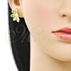 Oro Laminado Stud Earring, Gold Filled Style Flower and Ball Design, with Ivory Pearl, Polished, Golden Finish, 02.341.0248