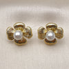Oro Laminado Stud Earring, Gold Filled Style Flower Design, with Ivory Pearl, Diamond Cutting Finish, Golden Finish, 02.341.0255