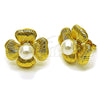 Oro Laminado Stud Earring, Gold Filled Style Flower Design, with Ivory Pearl, Diamond Cutting Finish, Golden Finish, 02.341.0255