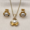Oro Laminado Earring and Pendant Adult Set, Gold Filled Style Flower Design, with Ivory Pearl, Polished, Golden Finish, 10.342.0255