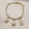 Oro Laminado Charm Bracelet, Gold Filled Style Fish and Turtle Design, with Ivory Pearl, Polished, Golden Finish, 03.213.0374.07 (Thickness, 7 Inches Length)