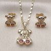 Oro Laminado Earring and Pendant Adult Set, Gold Filled Style Teddy Bear Design, with Garnet and White Cubic Zirconia, Polished, Golden Finish, 10.196.0163