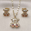 Oro Laminado Earring and Pendant Adult Set, Gold Filled Style Teddy Bear Design, with Garnet and White Cubic Zirconia, Polished, Golden Finish, 10.196.0163