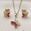 Oro Laminado Earring and Pendant Adult Set, Gold Filled Style Butterfly and Rolo Design, with Garnet Cubic Zirconia, Polished, Golden Finish, 10.196.0164