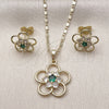 Oro Laminado Earring and Pendant Adult Set, Gold Filled Style Flower Design, with Green and White Cubic Zirconia, Polished, Golden Finish, 10.196.0167