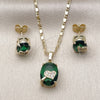 Oro Laminado Earring and Pendant Adult Set, Gold Filled Style Heart Design, with Green and White Cubic Zirconia, Polished, Golden Finish, 10.196.0168