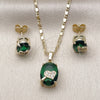 Oro Laminado Earring and Pendant Adult Set, Gold Filled Style Heart Design, with Green and White Cubic Zirconia, Polished, Golden Finish, 10.196.0168