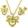 Oro Laminado Earring and Pendant Adult Set, Gold Filled Style Heart and Bow Design, Polished, Golden Finish, 10.196.0172