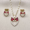 Oro Laminado Earring and Pendant Adult Set, Gold Filled Style Heart and Bow Design, with Ruby and White Cubic Zirconia, Polished, Golden Finish, 10.196.0184