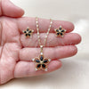 Oro Laminado Earring and Pendant Adult Set, Gold Filled Style Flower Design, with Black Cubic Zirconia, Polished, Golden Finish, 10.196.0185
