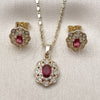 Oro Laminado Earring and Pendant Adult Set, Gold Filled Style Cluster Design, with Ruby and White Cubic Zirconia, Polished, Golden Finish, 10.196.0186.1