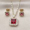 Oro Laminado Earring and Pendant Adult Set, Gold Filled Style Cluster Design, with White Micro Pave and Ruby Cubic Zirconia, Polished, Golden Finish, 10.196.0088.4