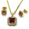 Oro Laminado Earring and Pendant Adult Set, Gold Filled Style Cluster Design, with White Micro Pave and Ruby Cubic Zirconia, Polished, Golden Finish, 10.196.0088.4