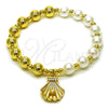Oro Laminado Fancy Bracelet, Gold Filled Style Shell and Ball Design, with Ivory Pearl and White Micro Pave, Polished, Golden Finish, 03.341.0248.07