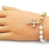 Oro Laminado Fancy Bracelet, Gold Filled Style Cross and Expandable Bead Design, with Ivory Pearl, Polished, Golden Finish, 03.341.0250.07