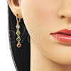 Oro Laminado Long Earring, Gold Filled Style Cluster Design, with Multicolor Cubic Zirconia, Polished, Golden Finish, 02.323.0101
