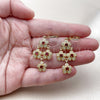Oro Laminado Long Earring, Gold Filled Style Flower and Cluster Design, with Garnet and White Cubic Zirconia, Polished, Golden Finish, 02.323.0105
