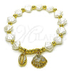 Oro Laminado Fancy Bracelet, Gold Filled Style Shell and Expandable Bead Design, with White Cubic Zirconia and Ivory Pearl, Polished, Golden Finish, 03.341.0260.07