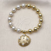 Oro Laminado Fancy Bracelet, Gold Filled Style Shell and Expandable Bead Design, with Ivory Pearl, Polished, Golden Finish, 03.341.0261.07