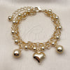 Oro Laminado Charm Bracelet, Gold Filled Style Heart and Ball Design, Polished, Golden Finish, 03.331.0330.07