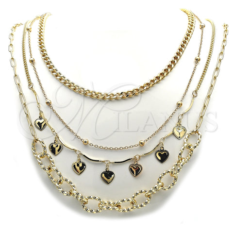 Stainless Steel Fancy Necklace, Miami Cuban and Heart Design, Polished, Golden Finish, 04.437.0009.16